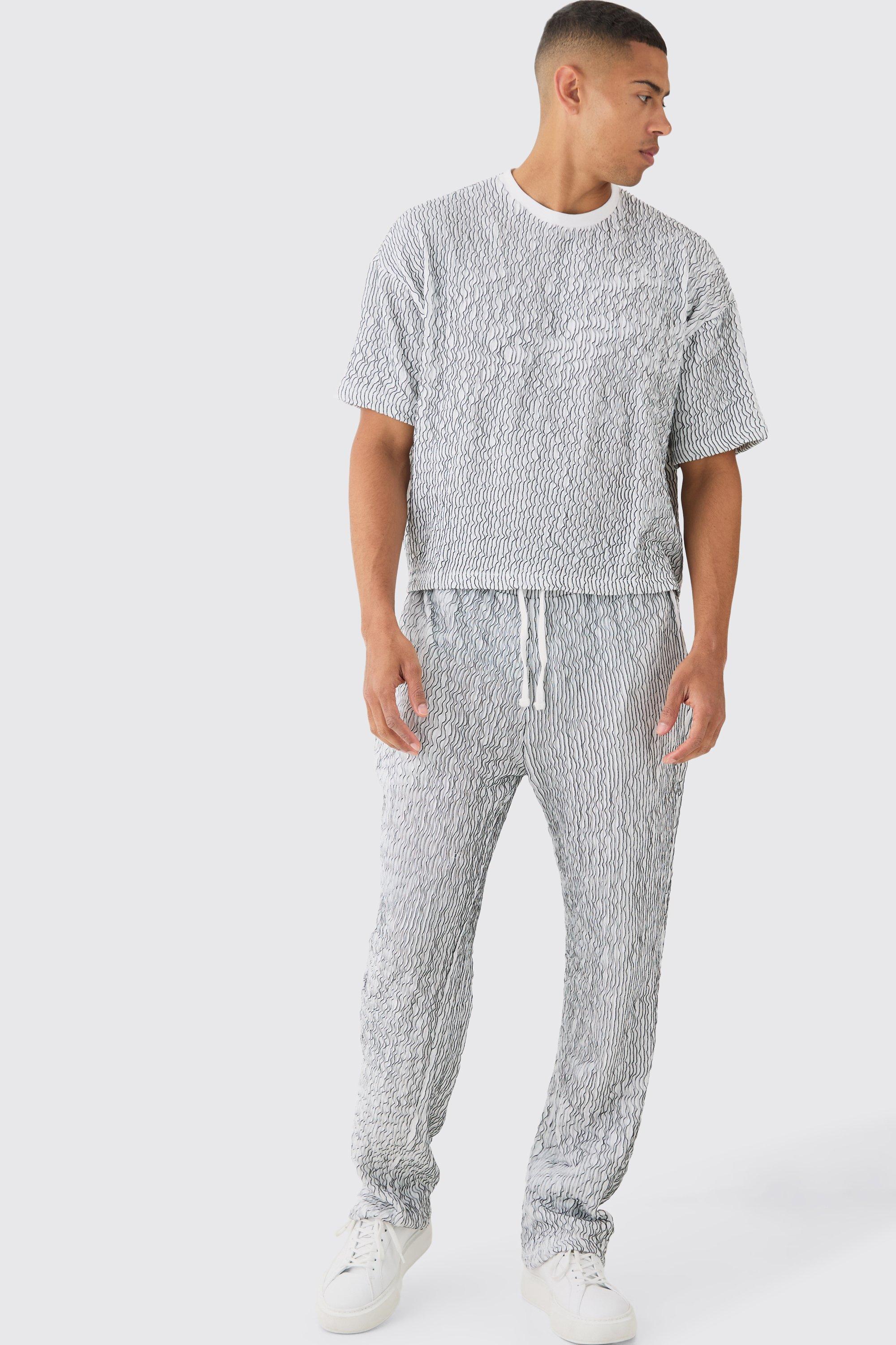 Two Tone Boxy Ripple Pleated T-shirt & Pants | boohooMAN USA Product Image