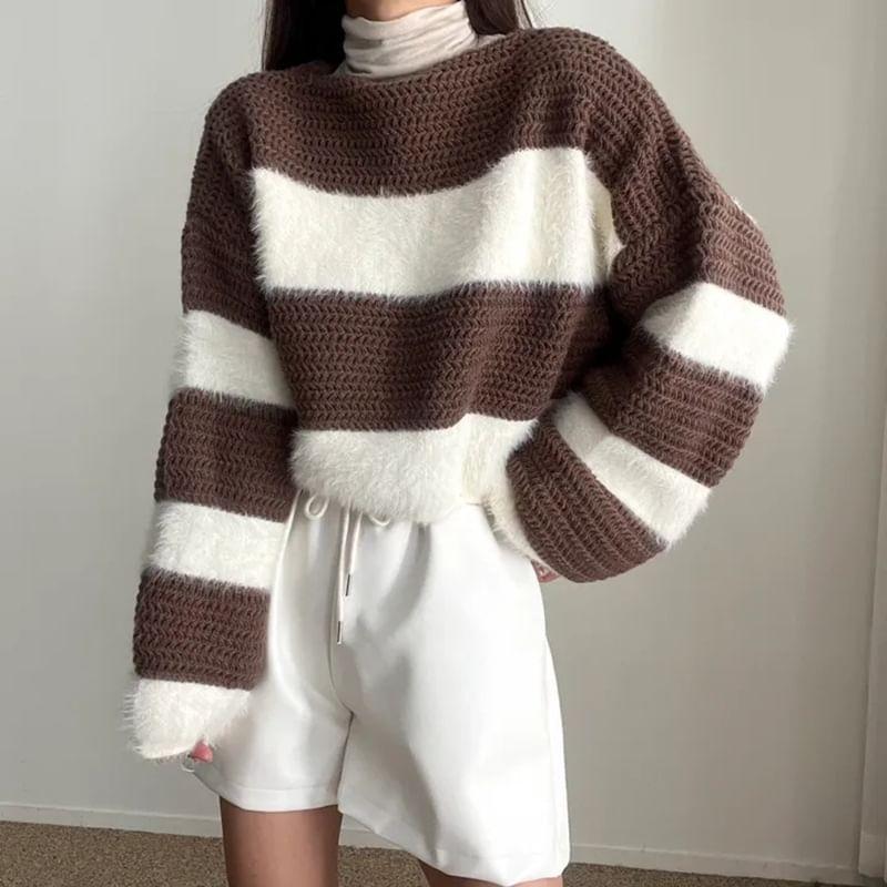 Boat Neck Striped Cropped Sweater Product Image