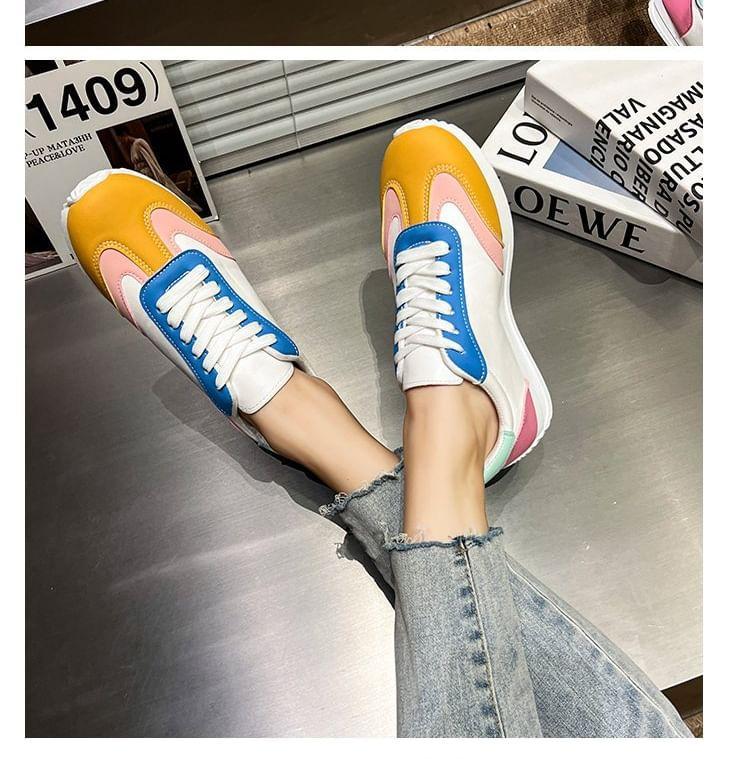 Color Block Lace-Up Faux Leather Sneakers Product Image