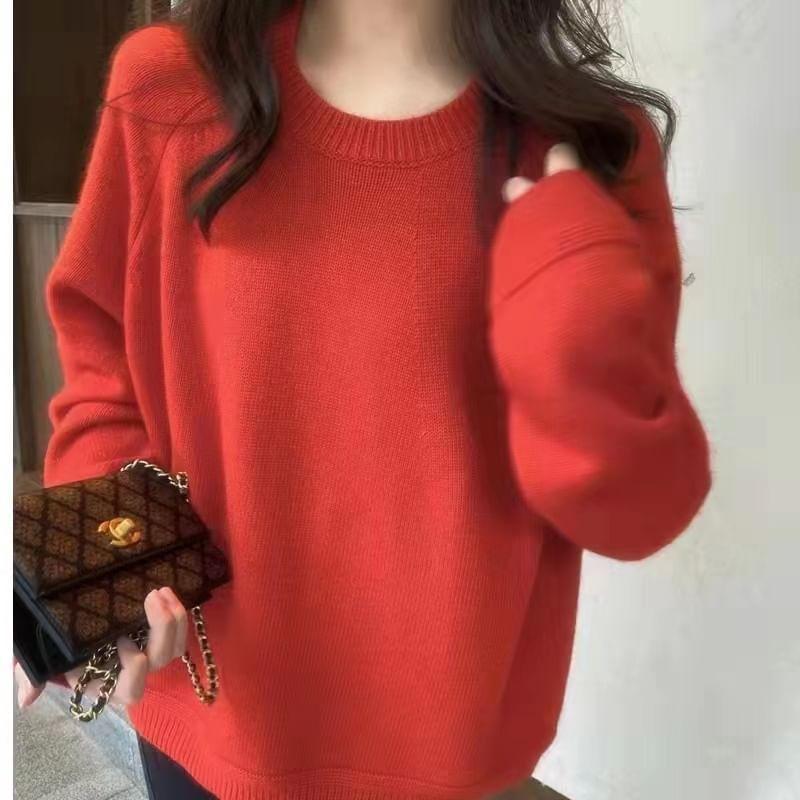 Long-Sleeve Round Neck Plain Sweater Product Image