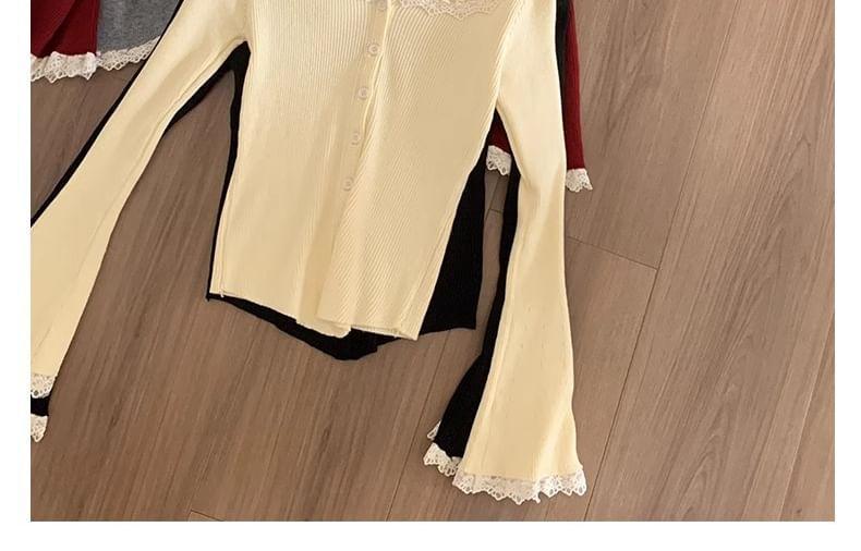 Long-Sleeve Collar Ribbed Lace Trim Button Knit Top Product Image