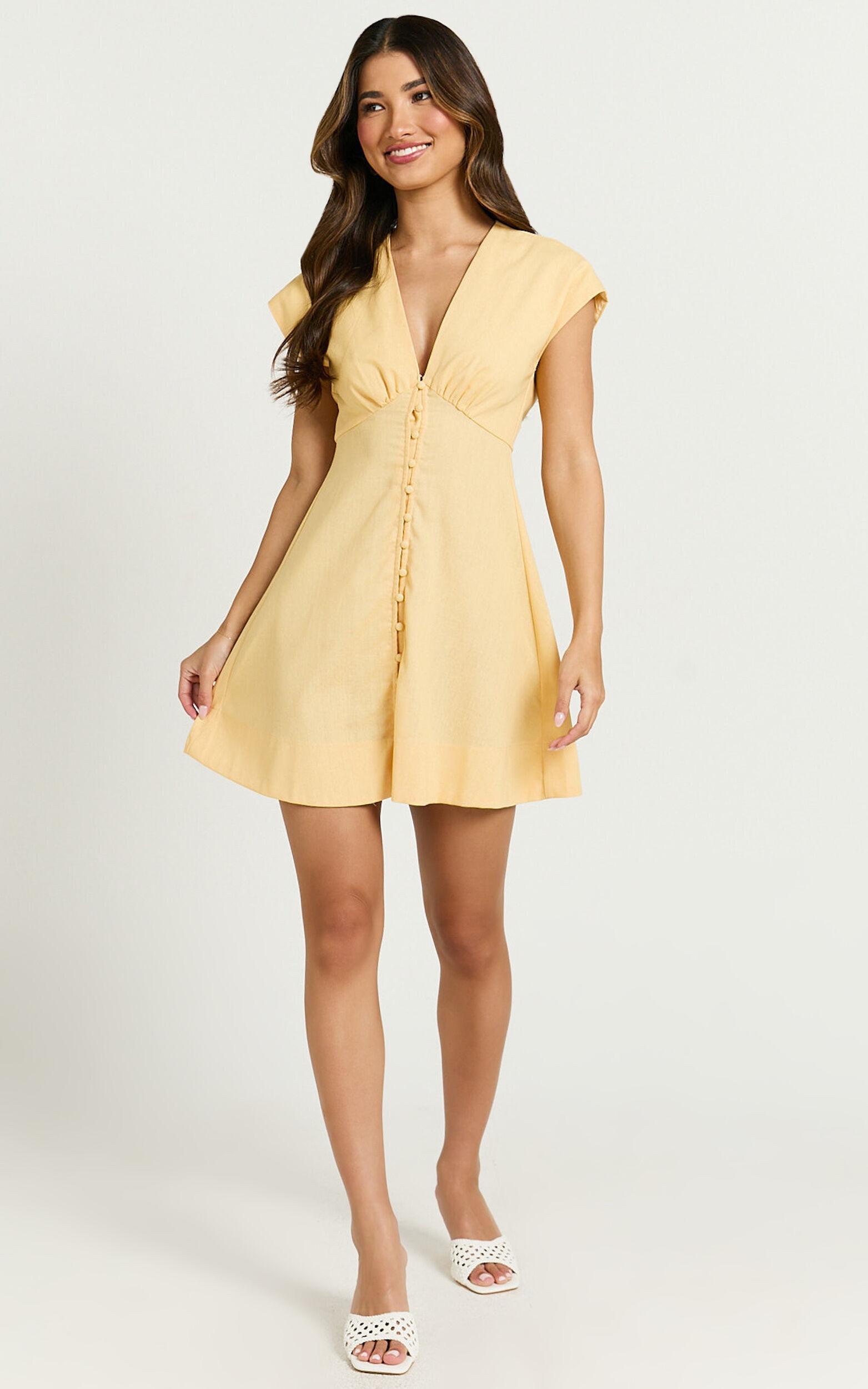 Tallulah Mini Dress - Linen Look V Neck A Line Dress in Lemon Product Image