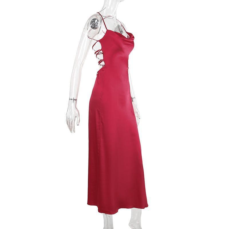 Spaghetti Strap Open Back Plain Maxi A-Line Dress Product Image