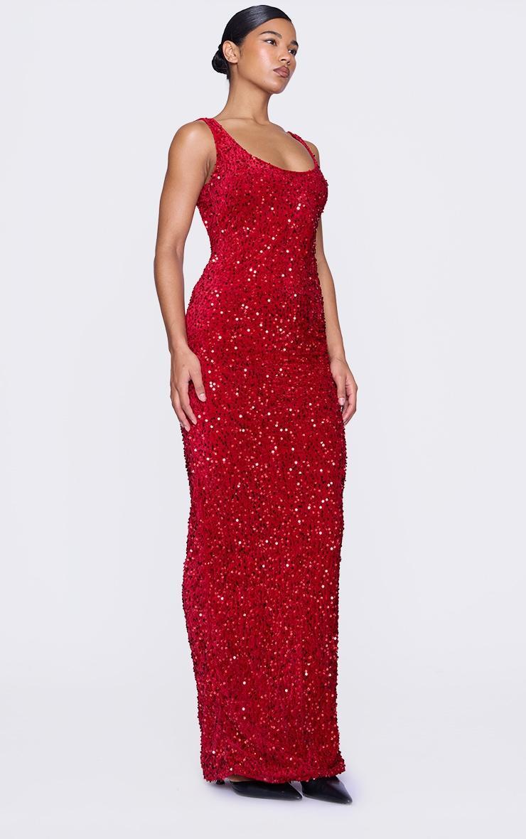 Red Velvet Sequin Embellished Scoop Back Maxi Dess Product Image