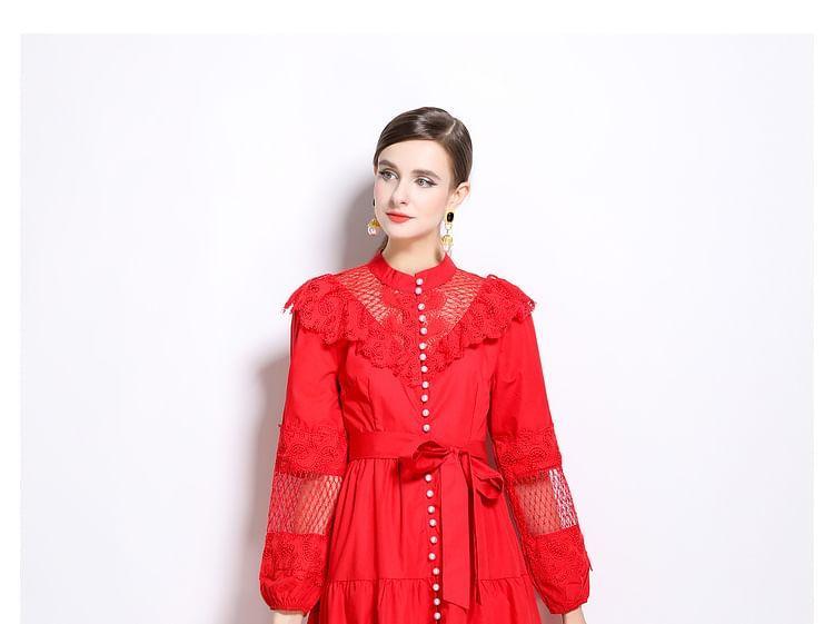 Long Sleeve Band Collar Plain Ruffle Faux Pearl Button Tie-Waist Panel Lace Midi A-Line Dress Product Image