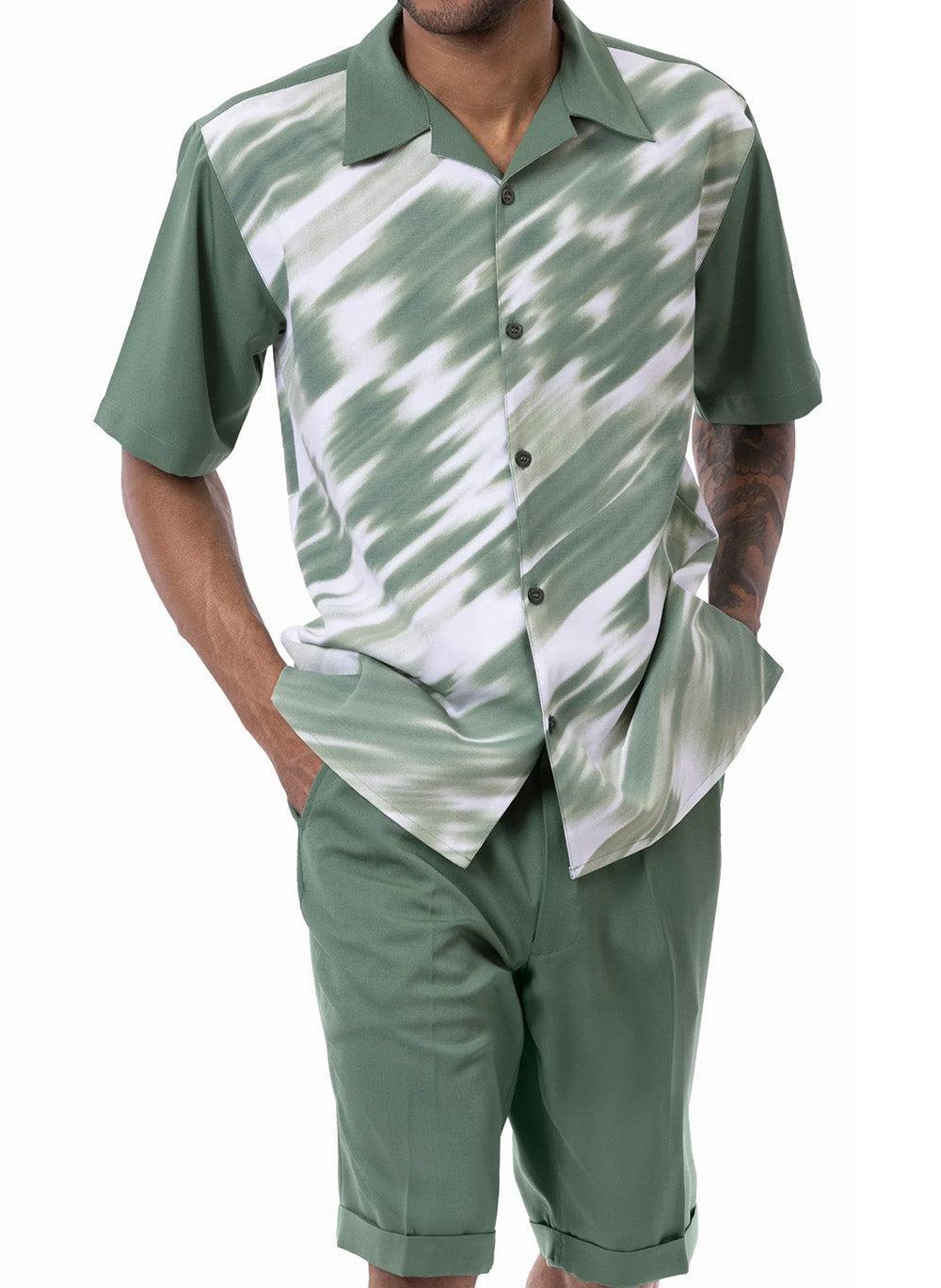 Emerald Print Design Walking Suit 2 Piece Set Short Sleeve Shirt with Shorts Product Image