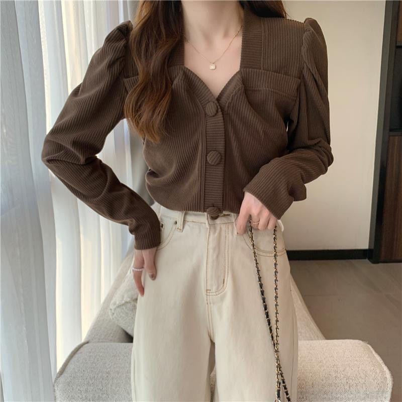 Long-Sleeve Plain Button-Up Ribbed Knit Top Product Image