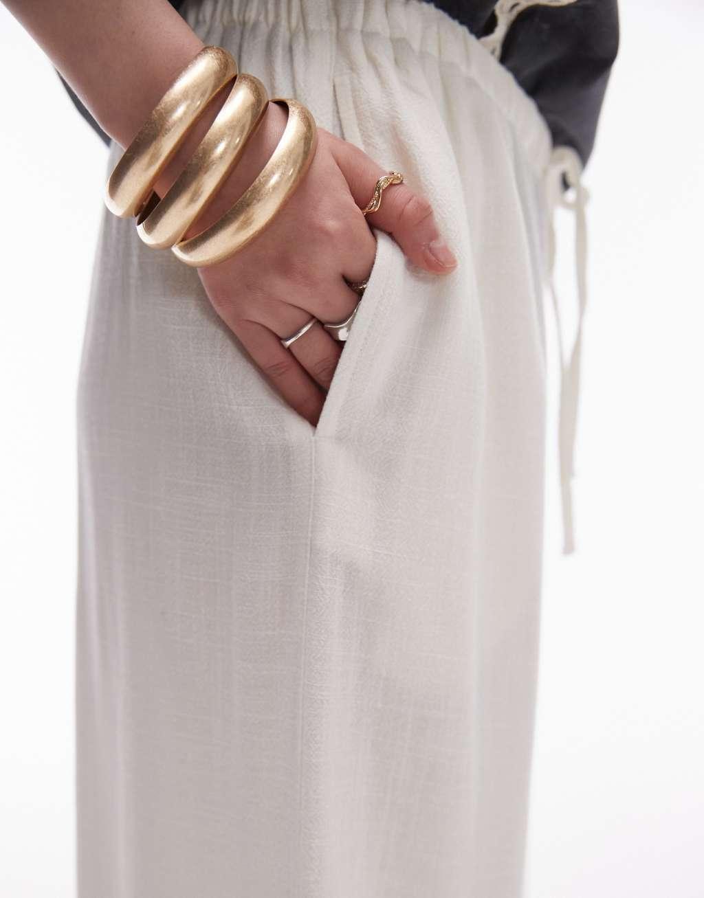 Topshop petite linen tie waist pants in white Product Image