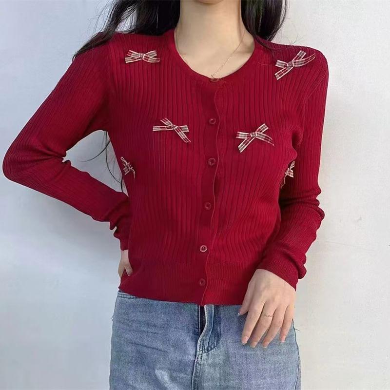 Round Neck Bow Ribbed Button Knit Top Product Image