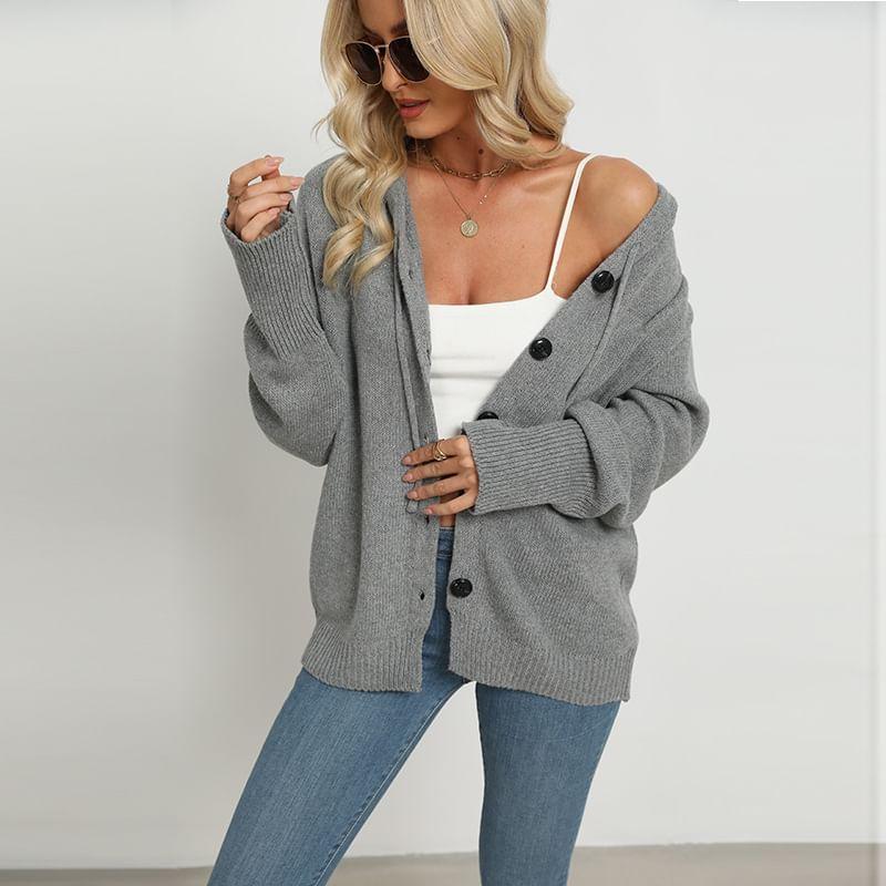 V-Neck Drawstring Hooded Cardigan Product Image