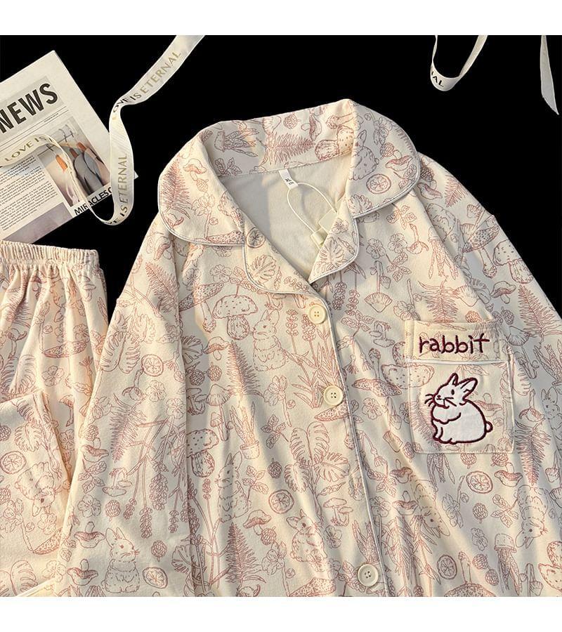 Pajama Set: Long-Sleeve Rabbit Print Top + Pants Product Image