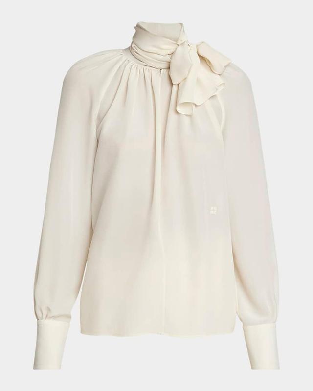 Lavalliere Scarf-Neck Long-Sleeve Silk Blouse Product Image