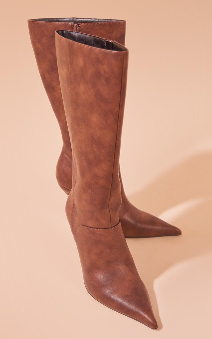 Brown Faux Leather Point Toe Heeled Calf High Boots Product Image