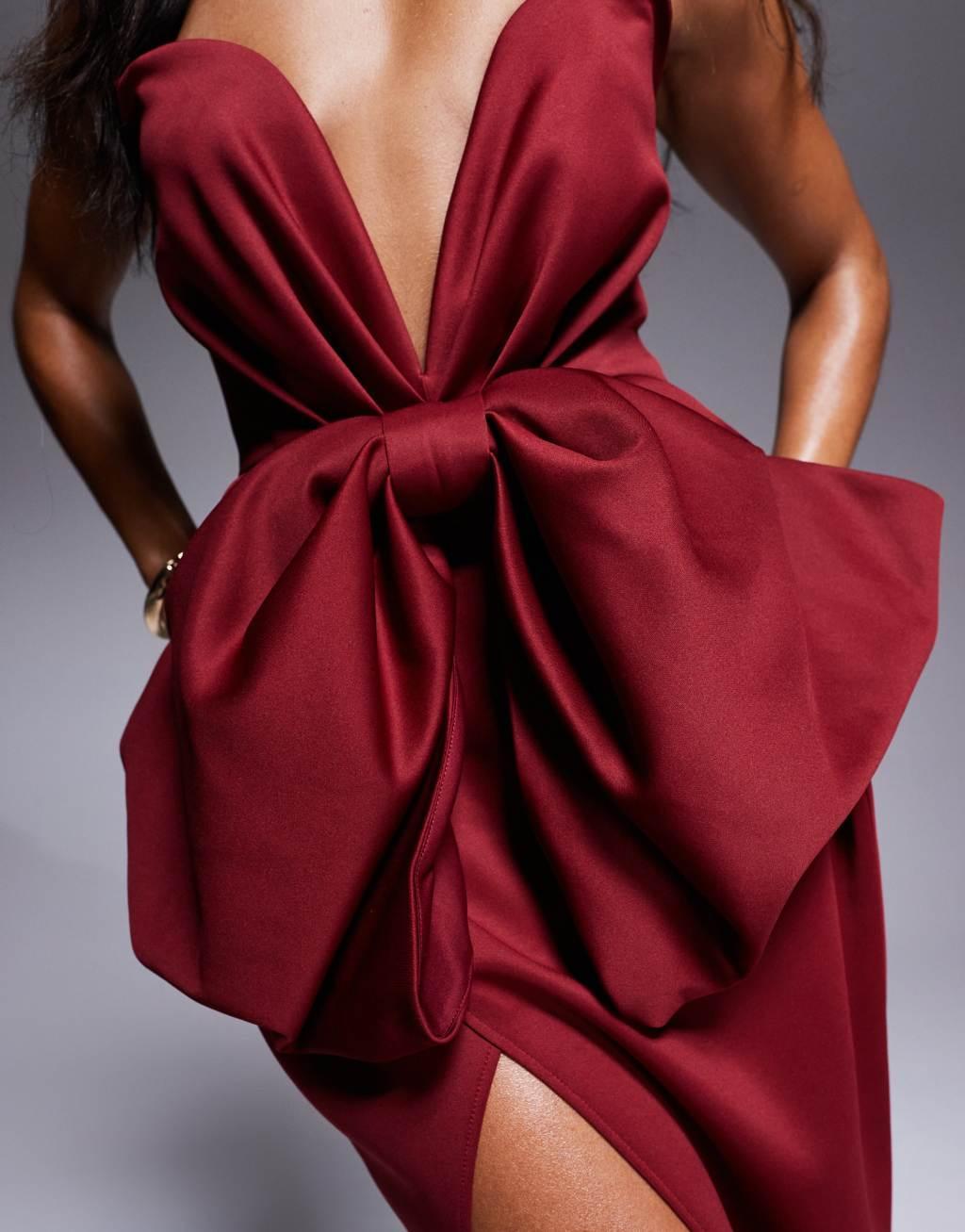 ASOS DESIGN bandeau midi dress with oversized bow in burgundy Product Image