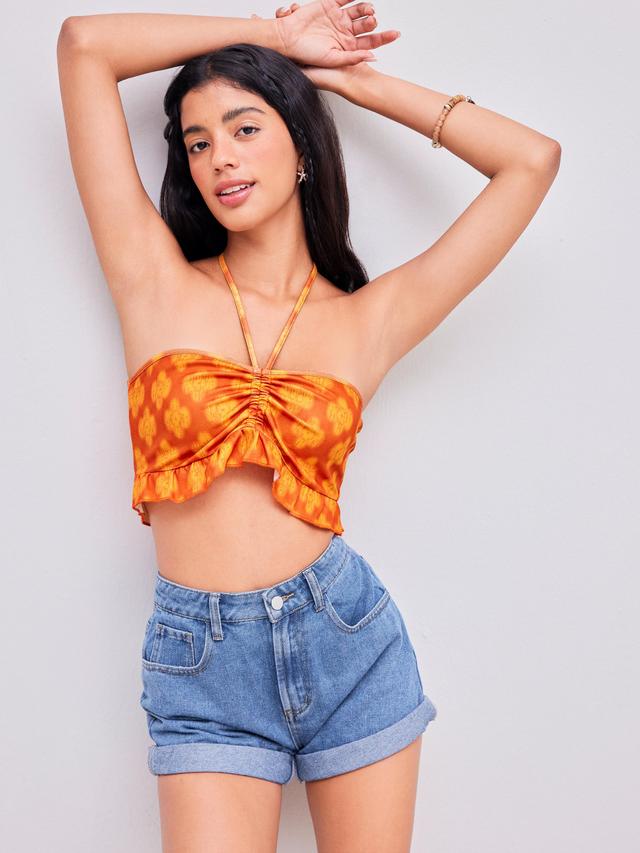 Woven Halter Abstract Lettuce Trim Crop Top Product Image