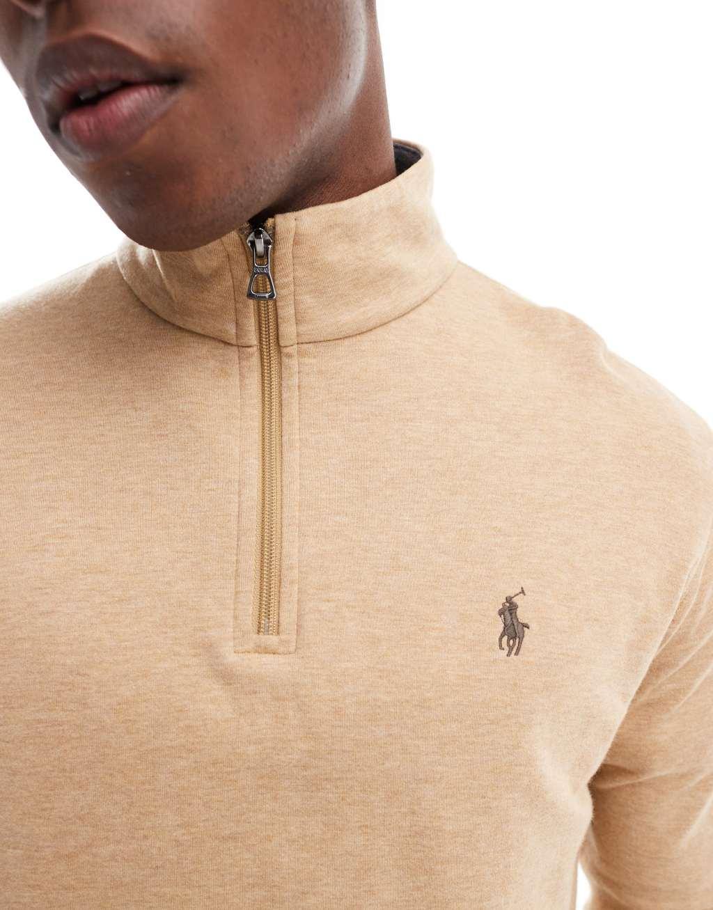 Polo Ralph Lauren icon logo double knit half zip sweatshirt in camel heather Product Image