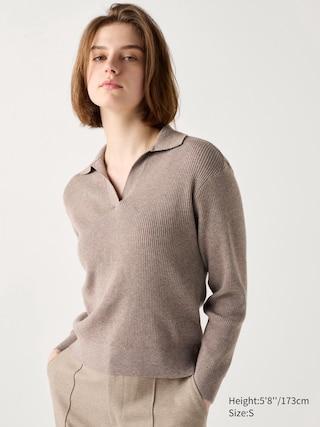 Womens Washable Knit Ribbed Polo Sweater Khaki Small UNIQLO US Product Image