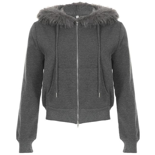 Fluffy Hooded Drawstring Plain Crop Zip Jacket Product Image