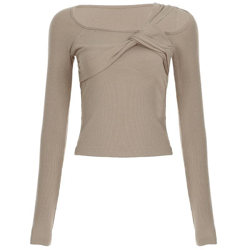 Long Sleeve Cold-Shoulder Plain Knotted Ribbed-Knit Slim-Fit Crop Top Product Image