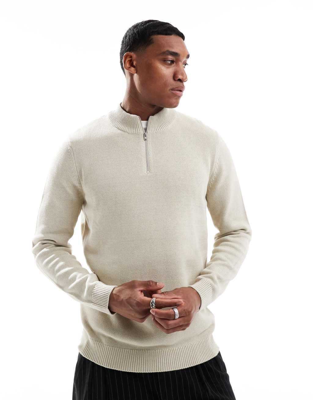 ASOS DESIGN midweight knitted quarter zip sweater in oatmeal Product Image