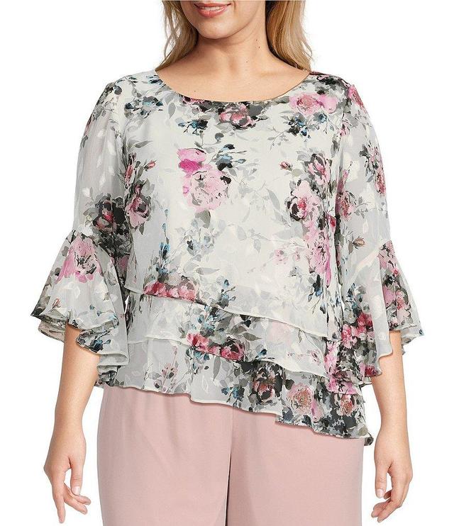 Alex Evenings Plus Size 3/4 Bell Sleeve Crew Neck Triple Tier Asymmetrical Hem Floral Chiffon Blouse Product Image