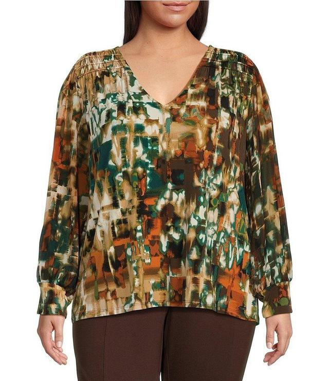 Calvin Klein Plus Size Matte Jersey Printed V-Neck Smocked Pleat Shoulder Detail Chiffon Sleeve Top Product Image