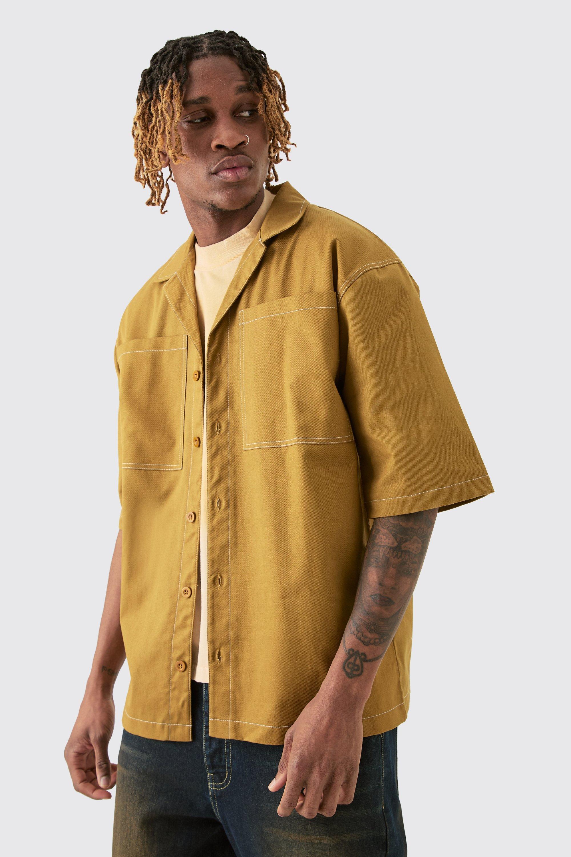 Tall Twill Drop Revere Contrast Stitch Shirt | boohooMAN USA Product Image