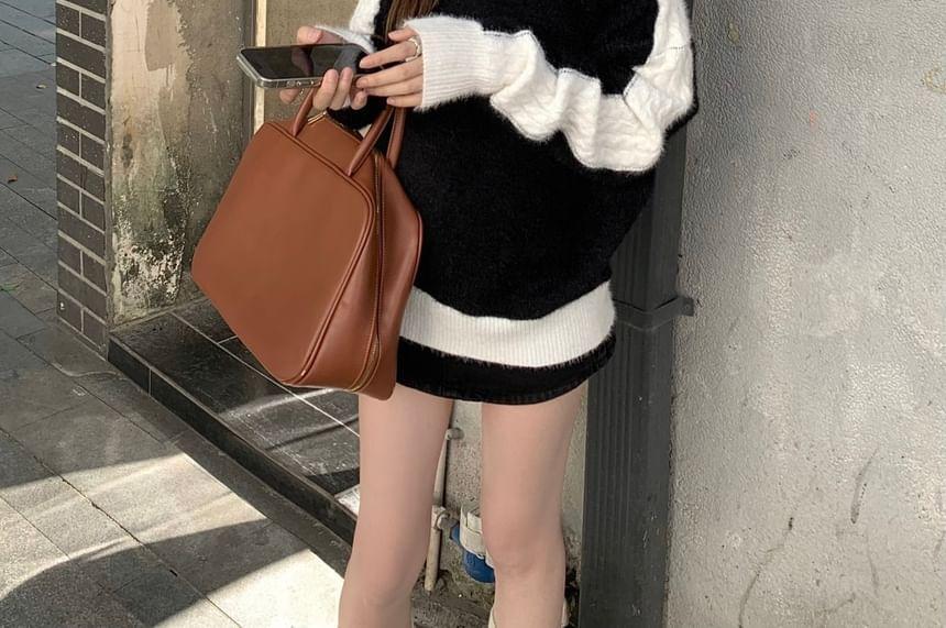 Off-Shoulder Two Tone Cable Knit Sweater Product Image