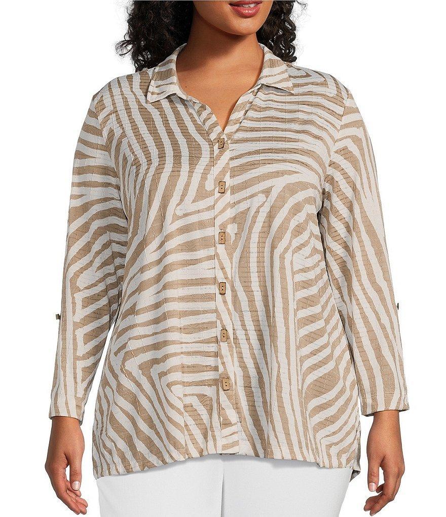 Multiples Plus Size Jacquard Knit Zebra Print Point Collar 3/4 Roll-Tab Sleeve Fitted Button-Front Shirt Product Image