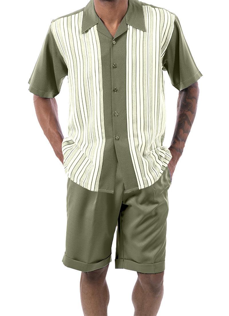 Olive Tone on Tone Stripes Walking Suit 2 Piece Short Sleeve Set with Shorts Product Image