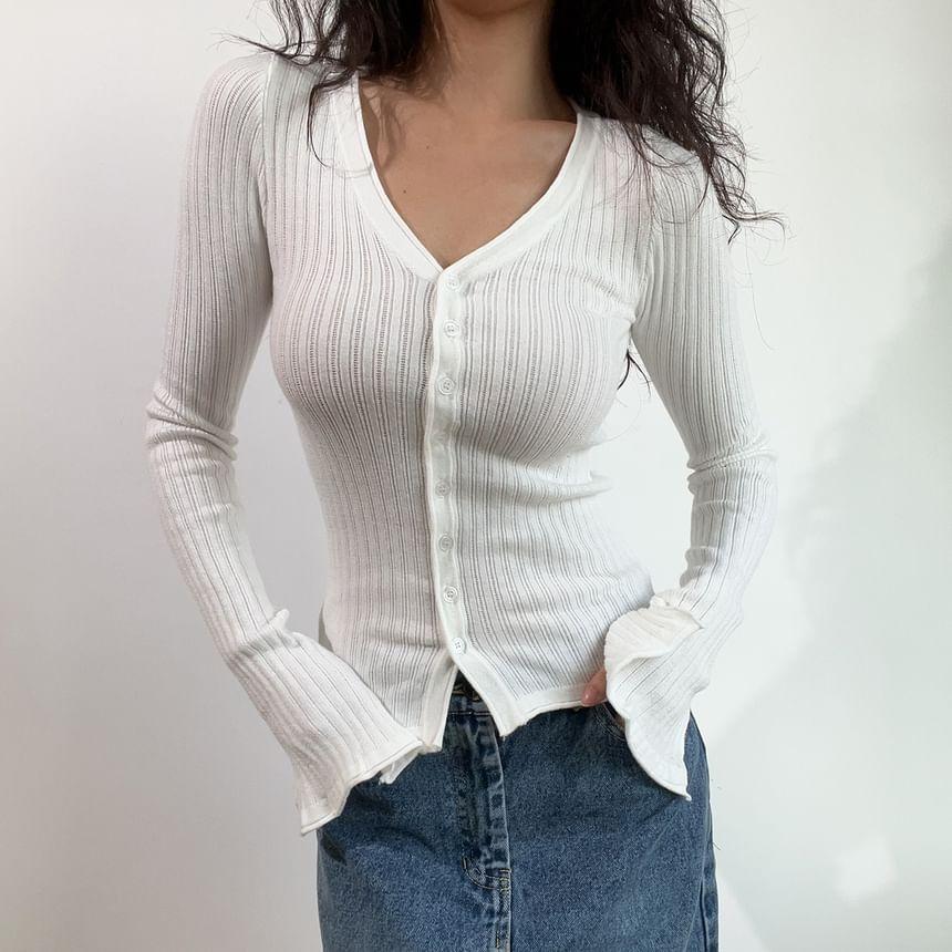 V-Neck Plain Ribbed Cardigan Product Image