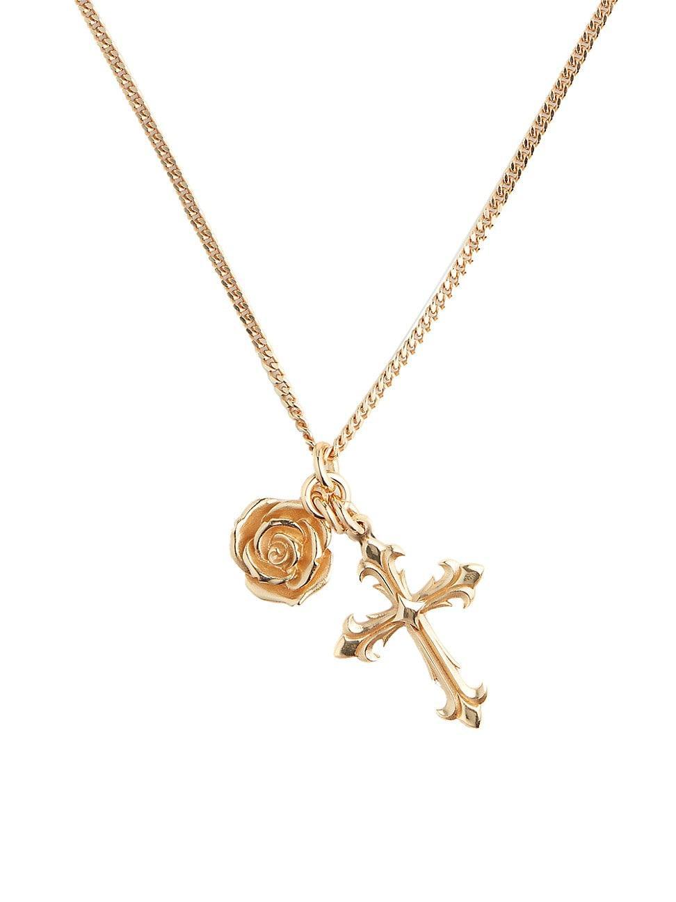 Mens 24K Gold-Plated Sterling Silver Rose & Cross Pendant Necklace product image