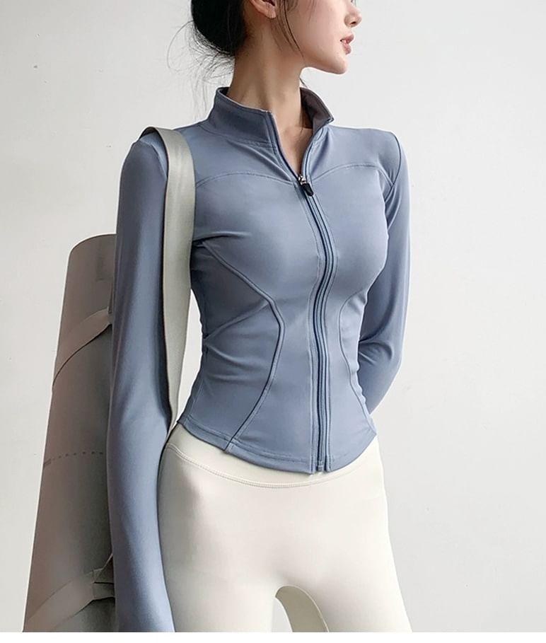 Stand Collar Plain Panel Zip Yoga Jacket Product Image