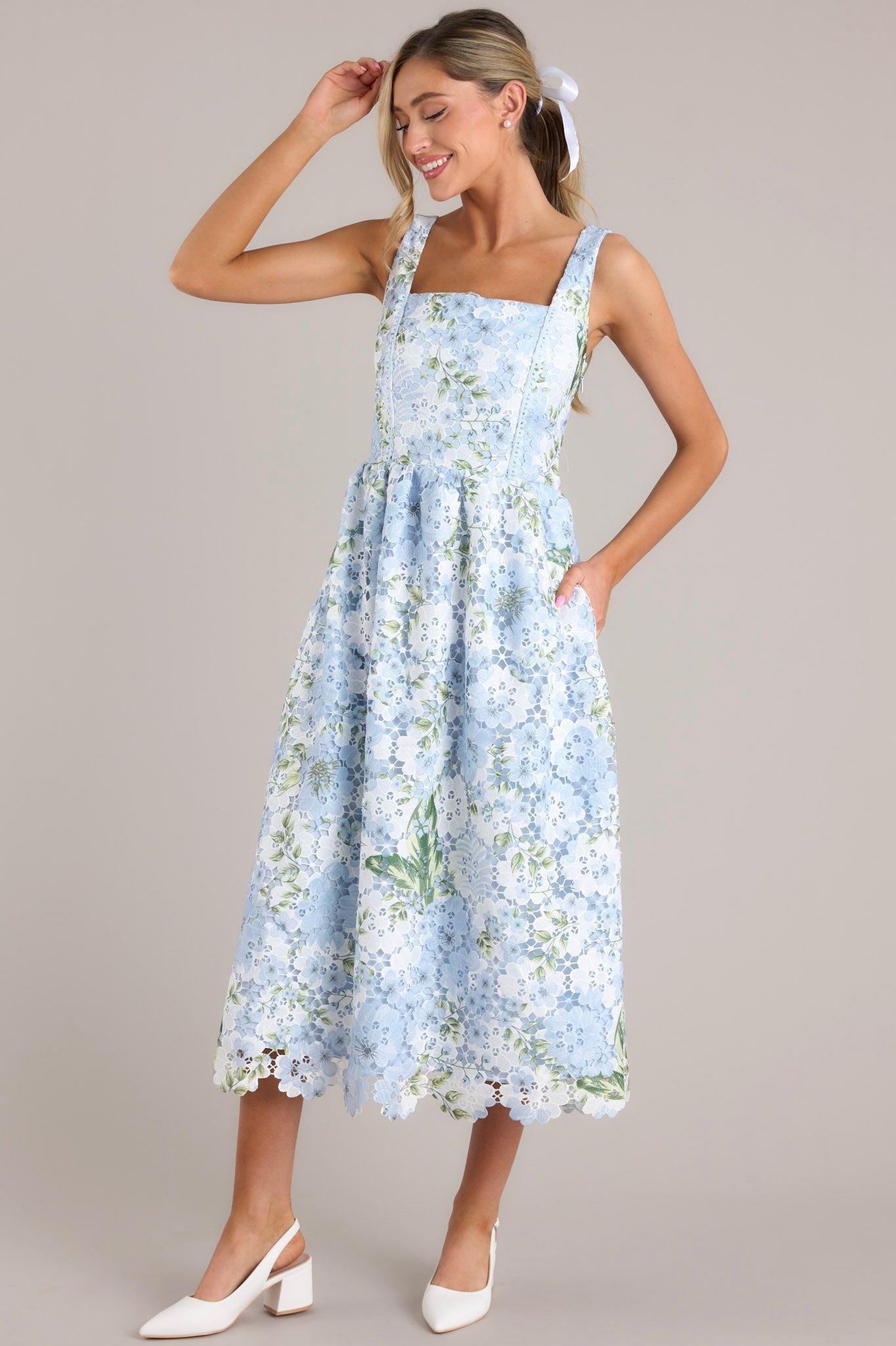 Finding My Peace Sky Blue Floral Embroidered Midi Dress Product Image