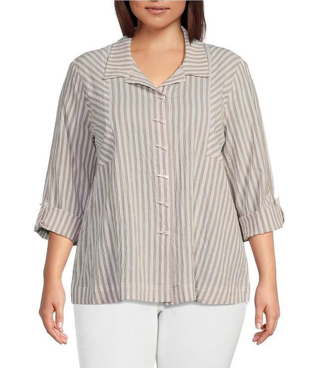 Ali Miles Plus Size Tarn-Dye Stripe Woven Point Collar 3/4 Sleeve Shirttail Hem Button-Front Tunic Product Image