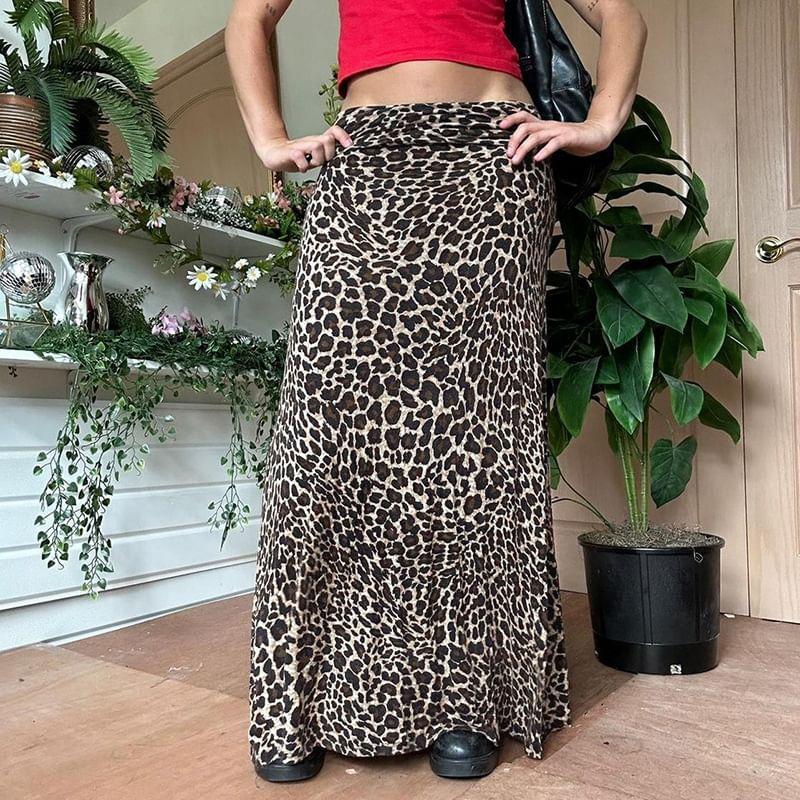 Low Waist Leopard Print Maxi A-Line Skirt Product Image