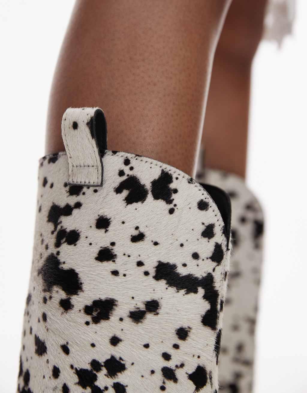 Topshop Remy premium leather heeled western boot in cow print pony Product Image