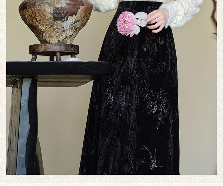 Set: Long-Sleeve Stand Collar Fluffy Trim Frog Buttoned Lace Blouse + High Rise Jacquard Velvet Midi A-Line Skirt Product Image