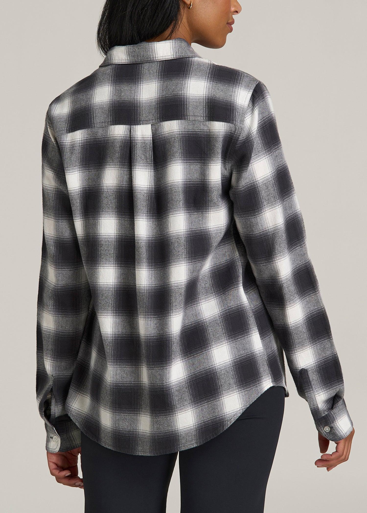 Flannel Button-Up Shirt for Tall Women in Grey and White Plaid Female Product Image