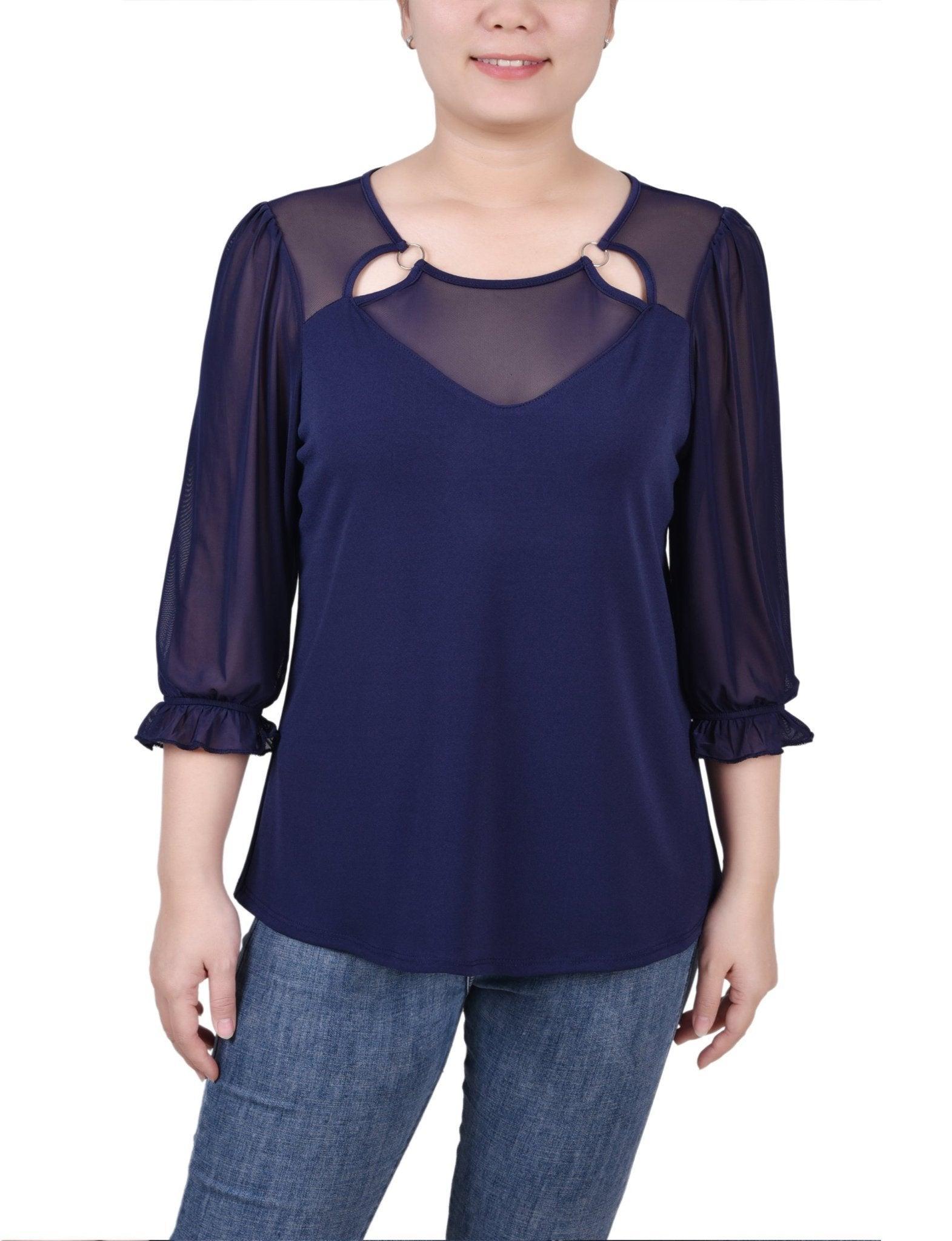 3/4 Length Sleeve Ringed Top With Mesh - Petite Product Image