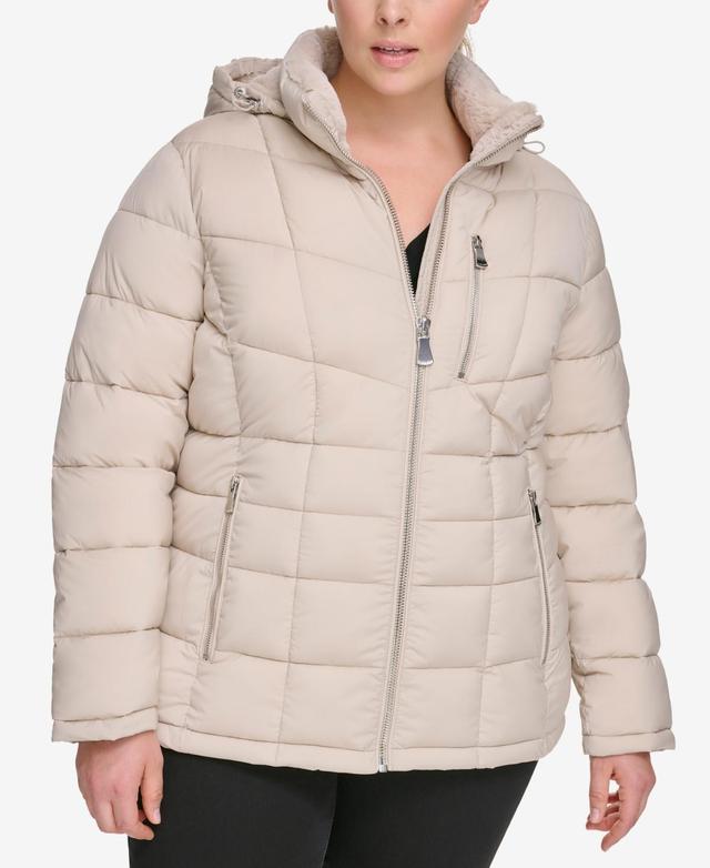 Calvin Klein Womens Plus Size Hooded Faux-Fur Trim Puffer Coat, Created for Macys Product Image