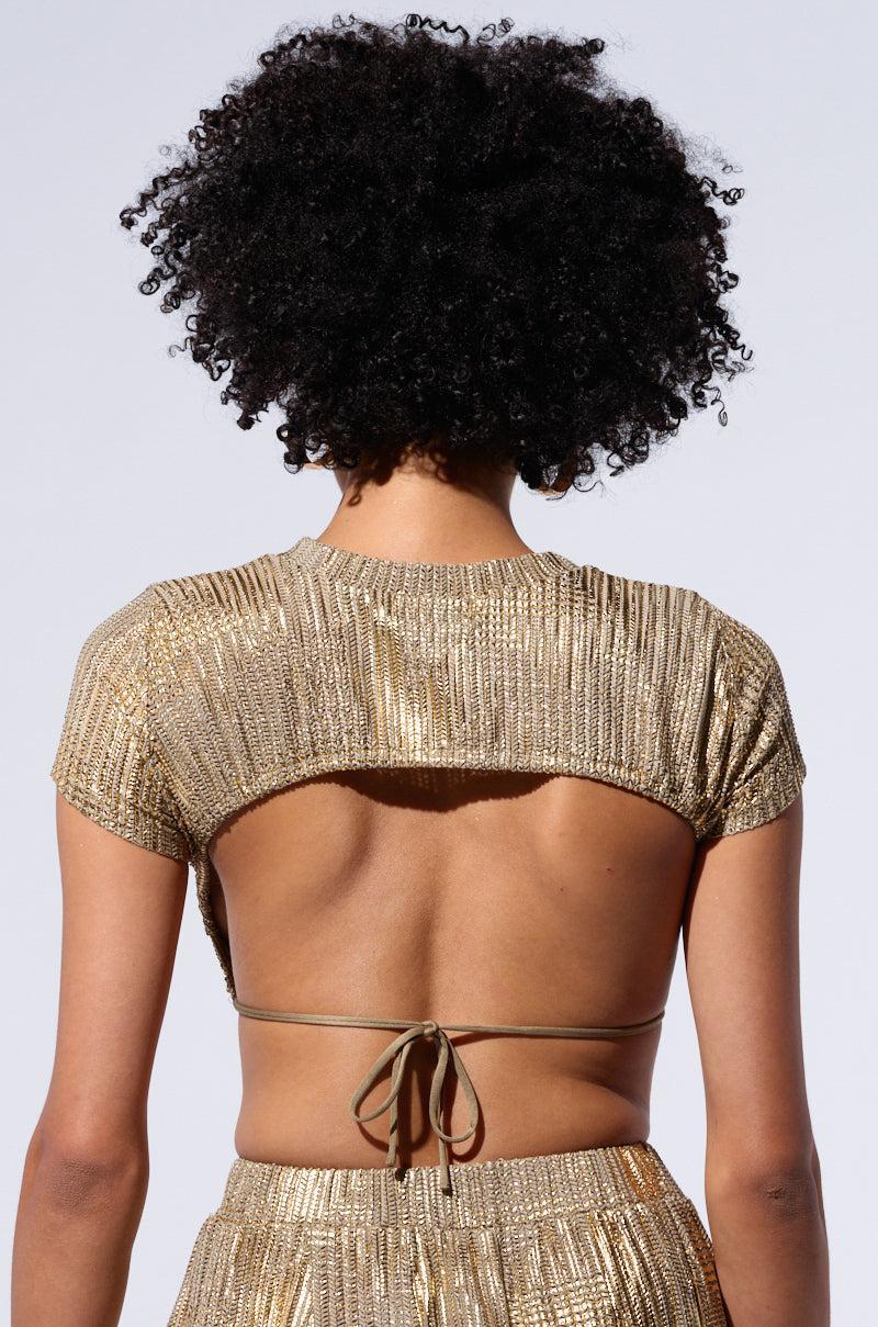 JUST LIKE MAGIC METALLIC KNIT OPEN BACK TOP IN GREEN MULTI Product Image