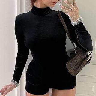 Long-Sleeve Mock Neck Plain Slim Fit Romper Product Image