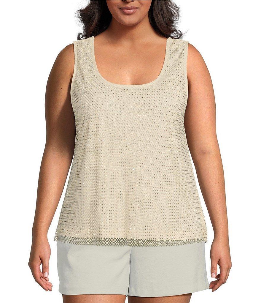 Skies Are Blue Plus Size Stretch Textured Mesh Rhinestone Scoop Neck Sleeveless Mesh Rhinestone Tank Top Product Image