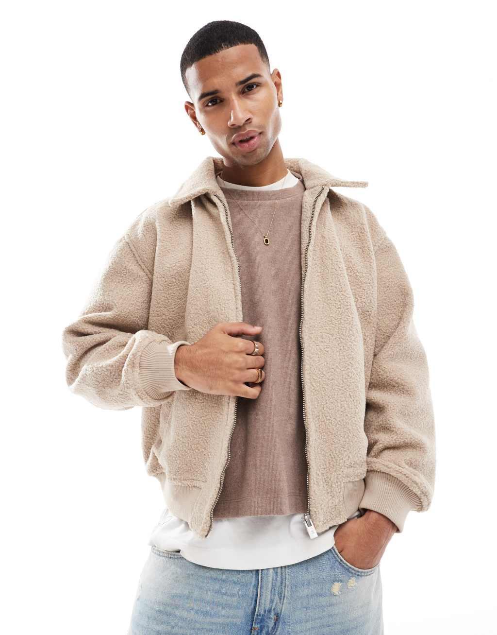 Bershka textured shearling jacket in ecru Product Image