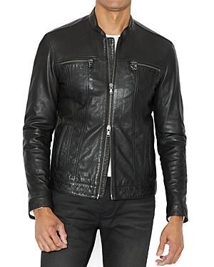 Mens Band Collar Leather Jacket Product Image