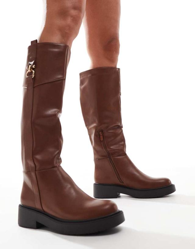 SEQWL knee high buckle flat riding boots in tan Product Image