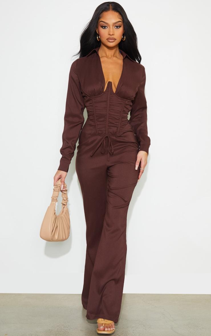 Chocolate Underwire Ruched Collar Detail Jumpsuit Product Image