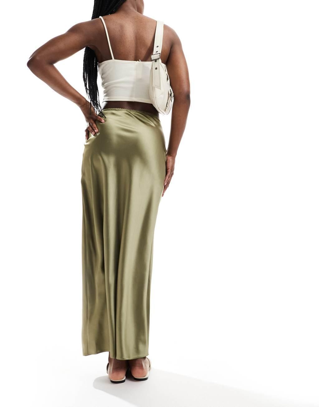 Miss Selfridge satin trim detail bias maxi skirt in khaki Product Image