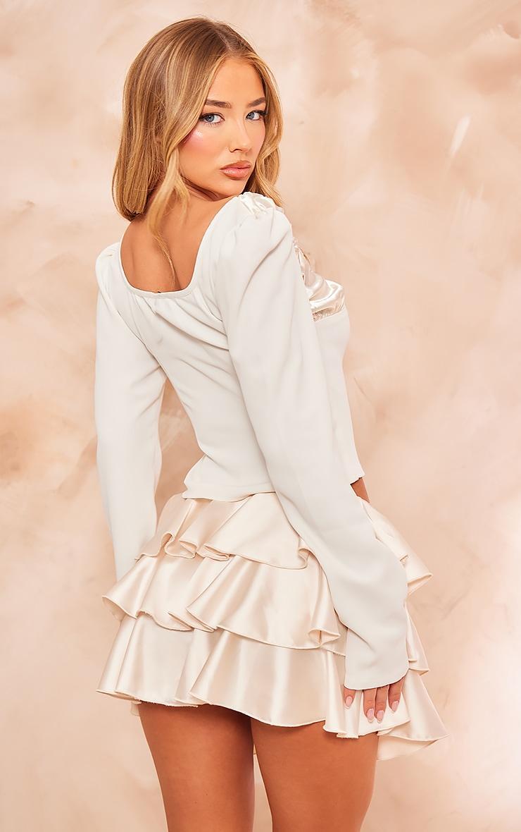 White Woven Satin Ruched Bust Tie Front Top Product Image